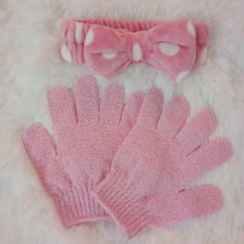 Pink Exfoliating Gloves and Bathroom Shower Headband Bow Set